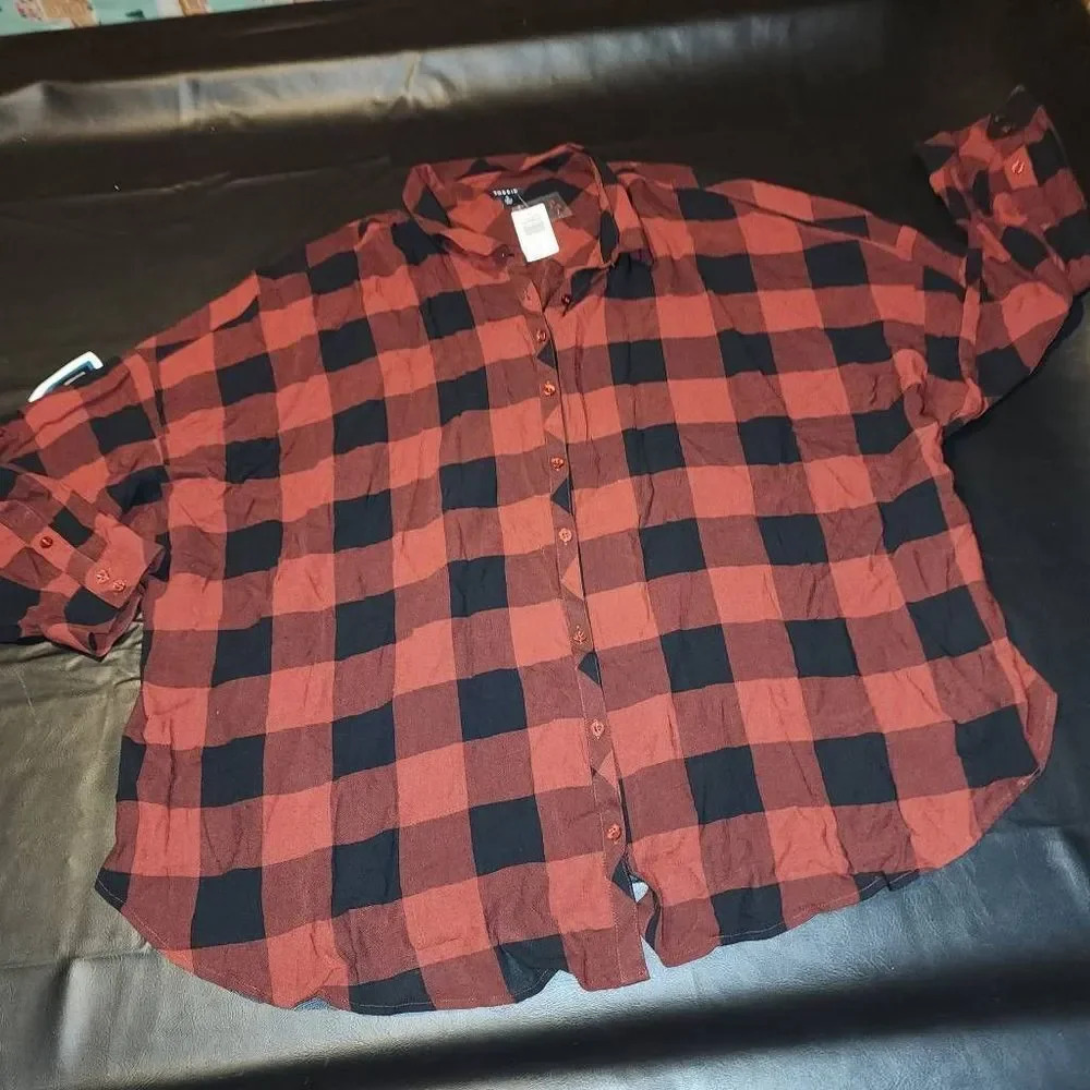 NWT Torrid Womens Red Black Plaid Esther Drop Shoulder Top Shirt Blouse 5 5X New